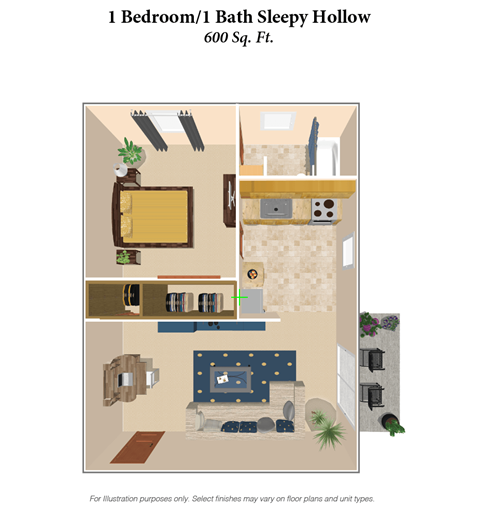 the floor plan of 1 bedroom  at Devou Village, Ft. Wright, Kentucky